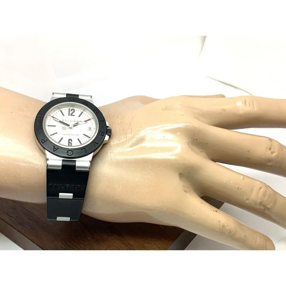 Bvlgari Men's Watch AL38A Aluminum Swiss Automatic Silver Dial Black Rubber 38mm
